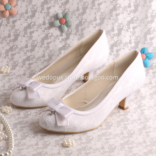 Low Heel Bridal Shoes Champagne Lace with Bowtie